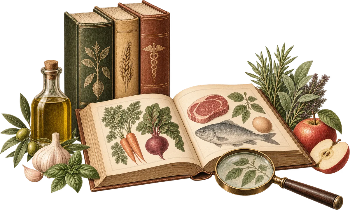 Ilustração de livros antigos, ervas e um atlas de alimentos aberto com uma lupa