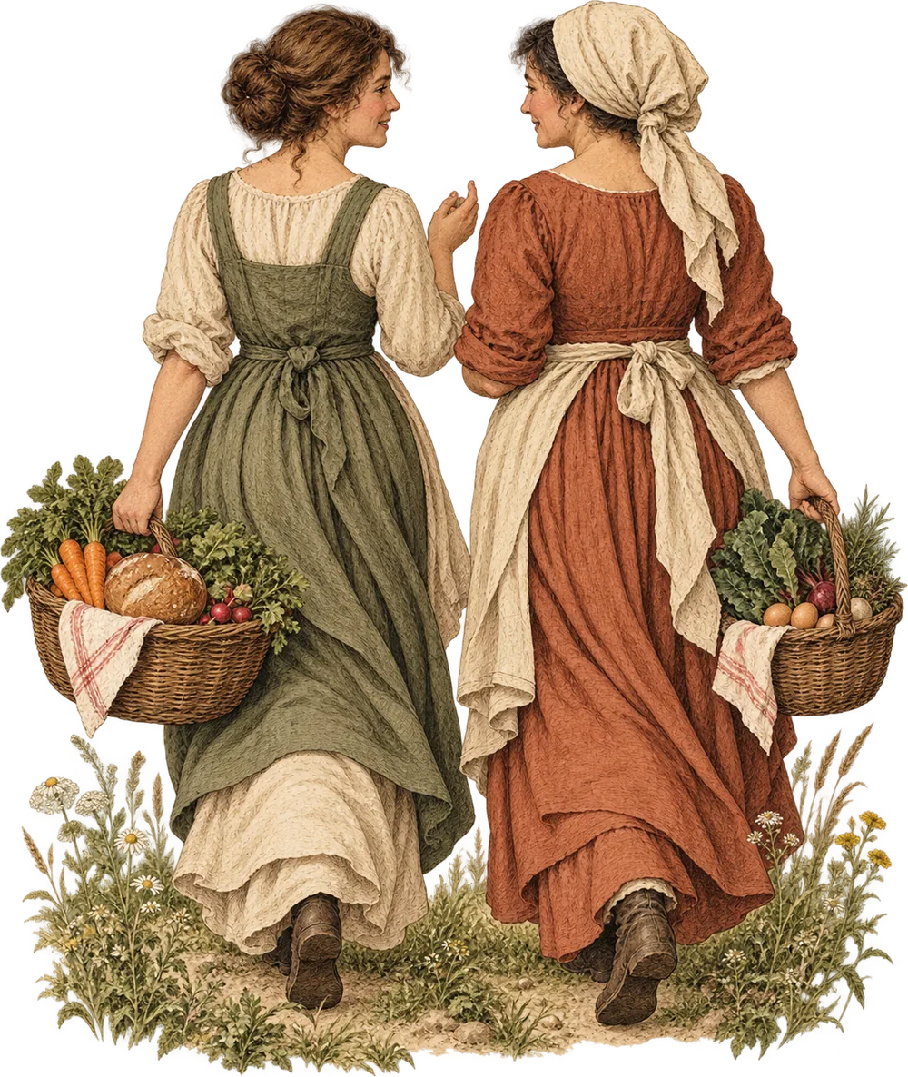Ilustração de duas camponesas conversando com cestos de pão e legumes