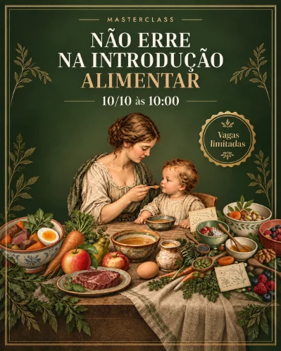 Cartaz da masterclass: mãe oferecendo comida ao bebê numa mesa rústica