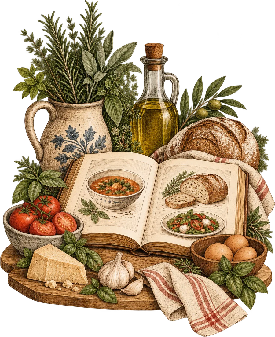 Ilustração de um livro de receitas aberto entre pão, azeite, ervas e legumes