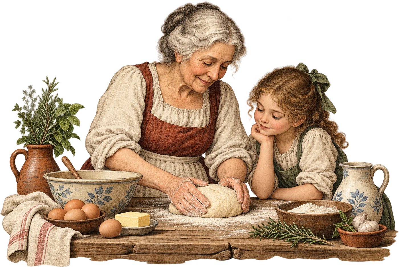 Ilustração de uma avó sovando pão com a neta ao lado