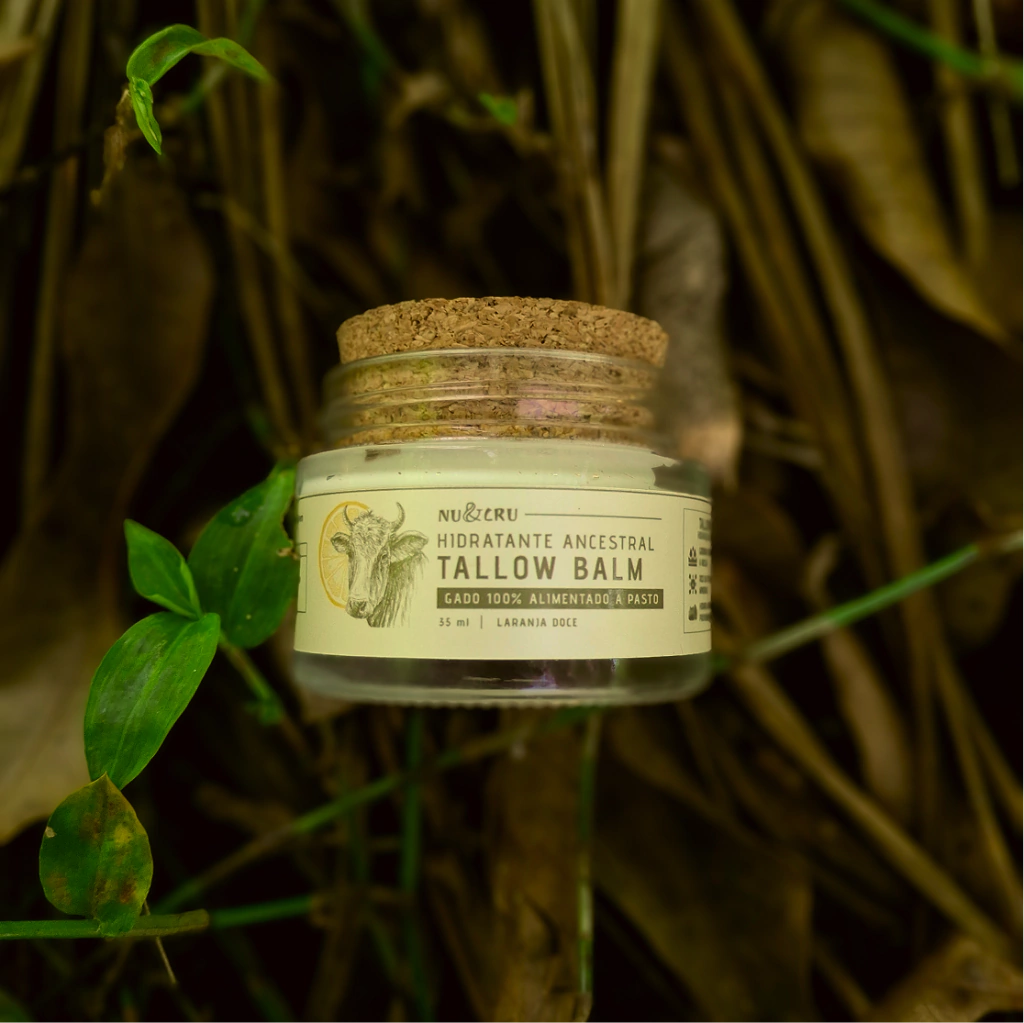 Pote de vidro de Tallow Balm Nu&Cru Laranja, com tampa de cortiça